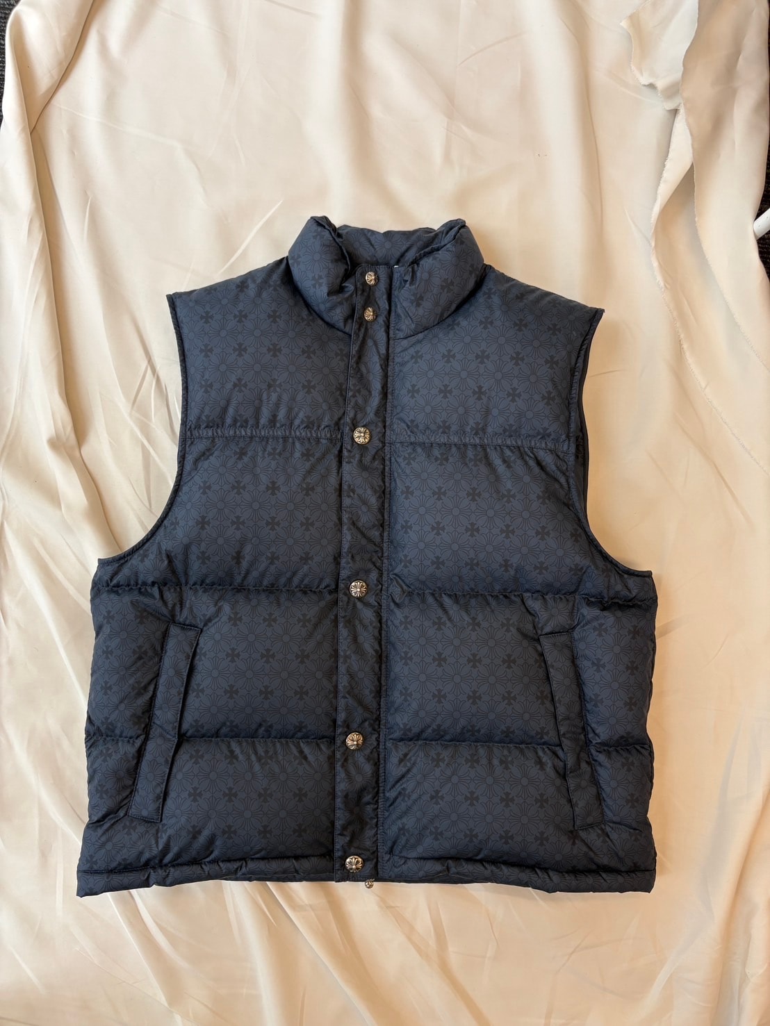 Chrome Hearts Stiff CH Plus All Over Pattern Crossball Button Nylon Down Vest "Navy"