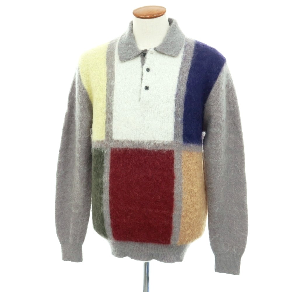 【中古】ビームスプラス BEAMS PLUS ナイロンウールモヘヤ 長袖 ポロニット グレーxマルチカラー【サイズM】【メンズ】
