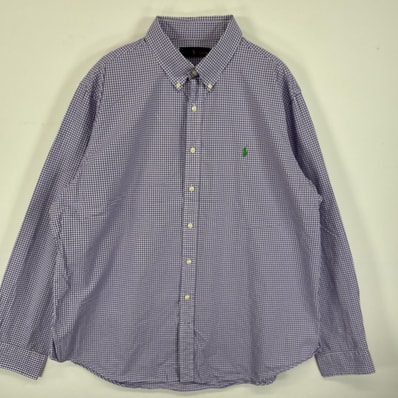 古着 ラルフローレン RALPH LAUREN 長袖シャツ ボタンダウンシャツ ワンポイント ロゴ 刺繍 大きいサイズ 14041 パープル系 チェック メンズ