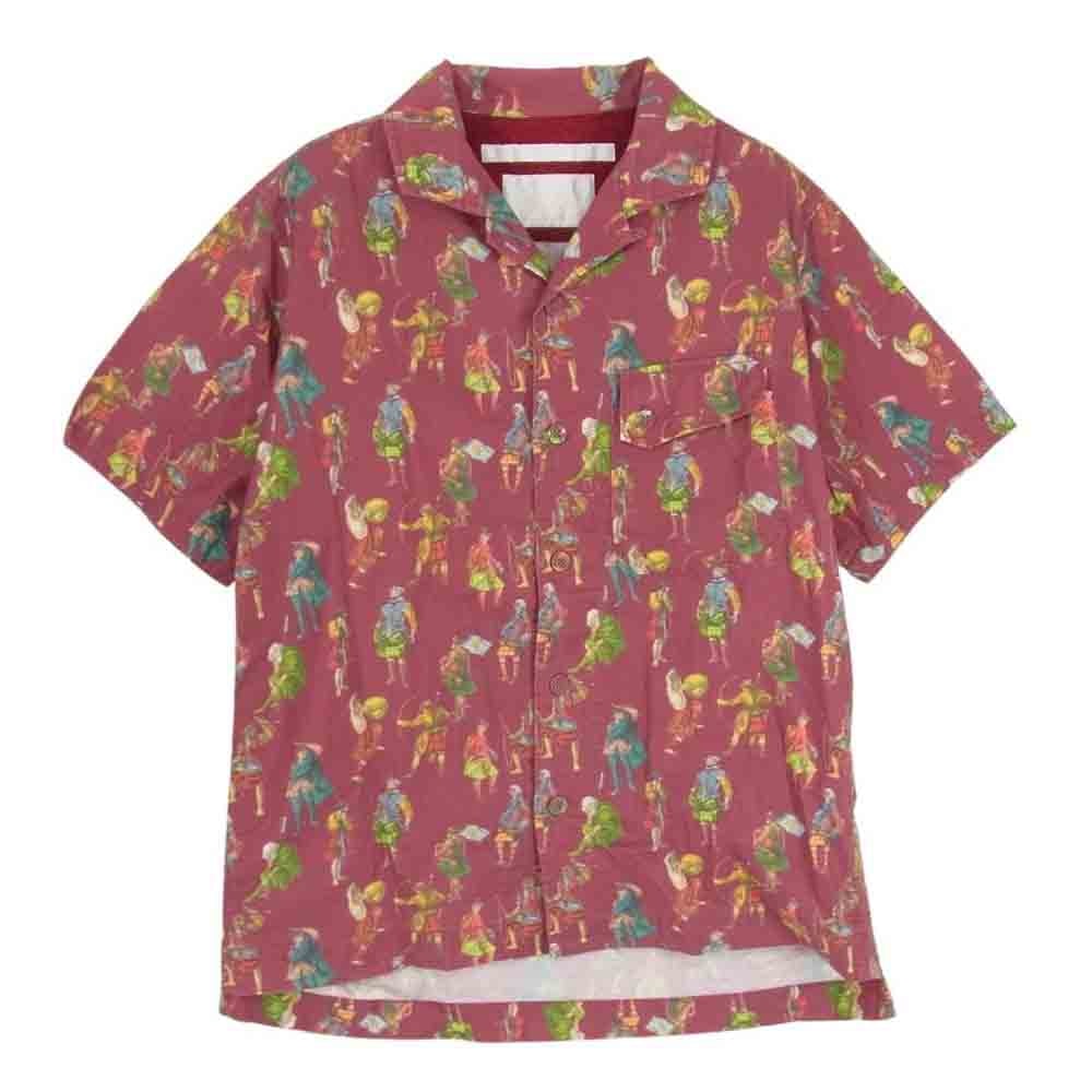 WHITE MOUNTAINEERING ホワイトマウンテニアリング 半袖シャツ 13SS WM1371118 騎士デザイン 総柄 半袖 オープンカラー シャツ エンジ系【中古】