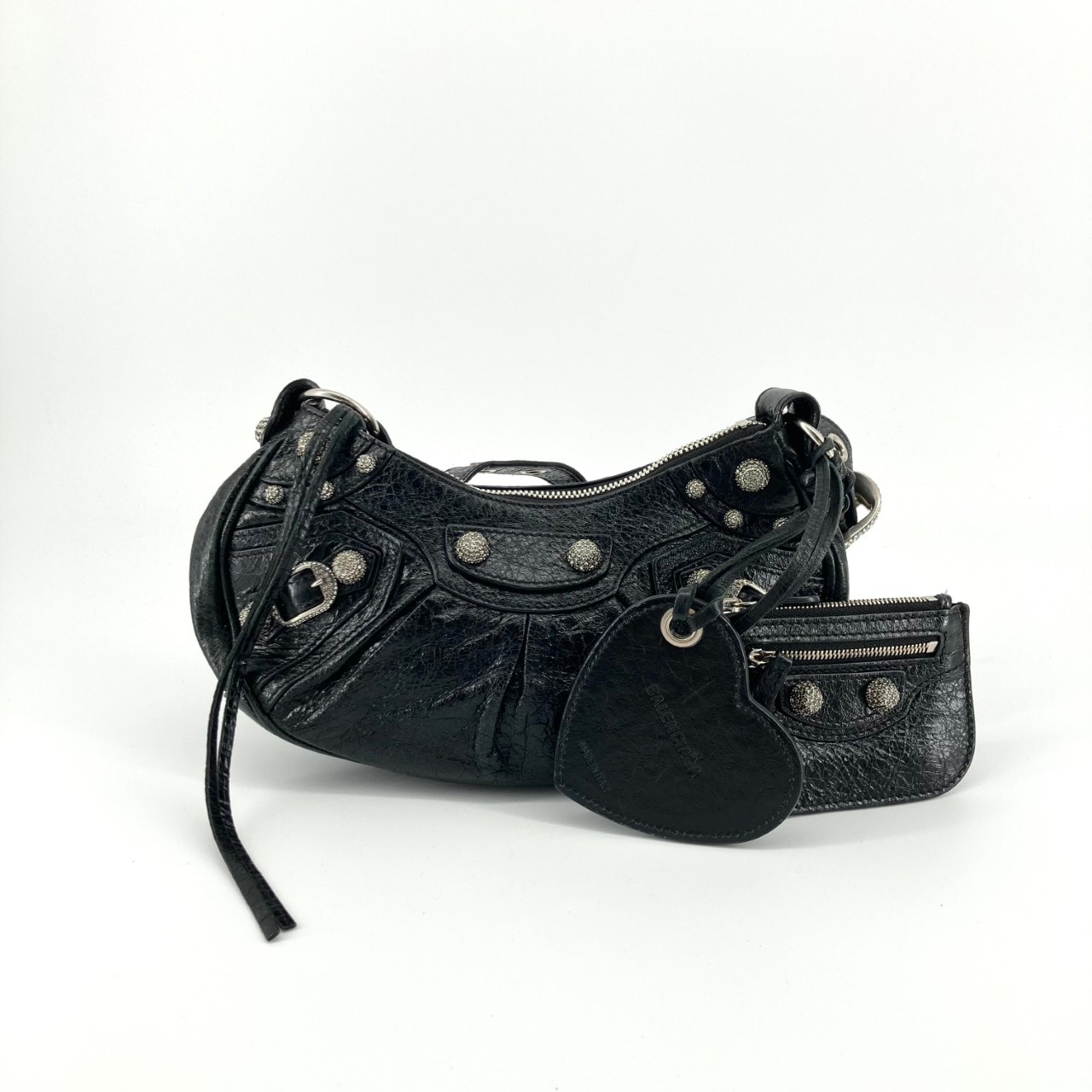 BALENCIAGA(バレンシアガ) ル カゴールXS アンティーク調スタッズ ハート型ミラー シルバー金具 671309 ショルダーバッグ ブラック×シルバー