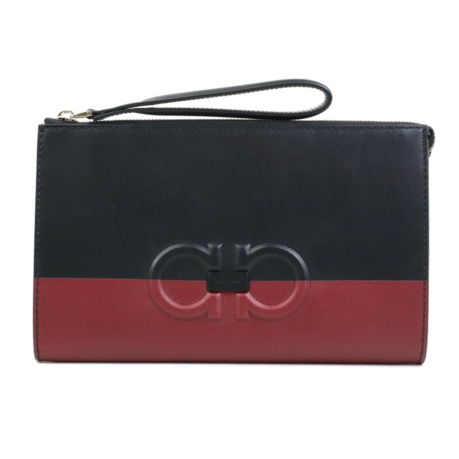 サルヴァトーレフェラガモ Salvatore Ferragamo クラッチバッグ ガンチーニ レザー ブラック×ダークレッド ユニセックス【中古】 r10655a