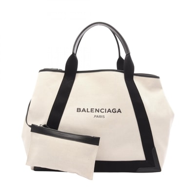 バレンシアガ BALENCIAGA NAVY CABAS ネイビーカバ M トートバッグ バッグ キャンバス レザー レディース ホワイト系 / ブラック系 339936 【中古】