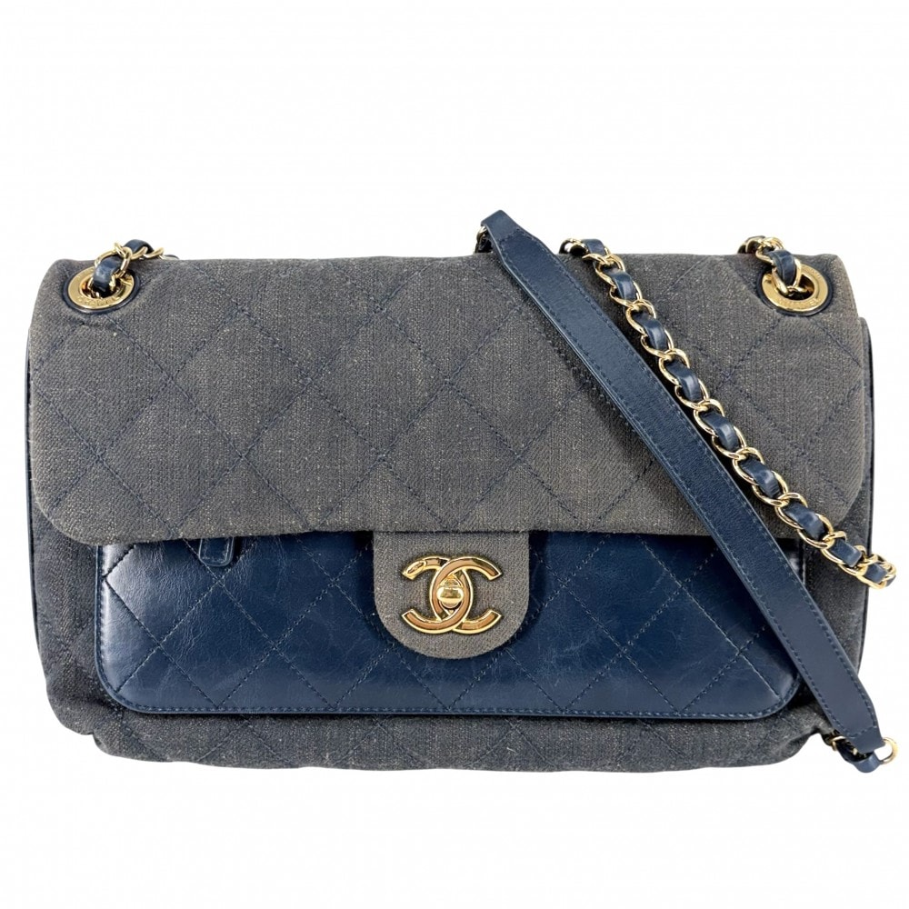 CHANEL シャネル ショルダーバッグ マトラッセ ダブルチェーン ダブルフラップ 肩掛け 斜め掛け ココマーク ターンロック デニム レザー ネイビー 紺 ゴールド金具 レディース【中古品】