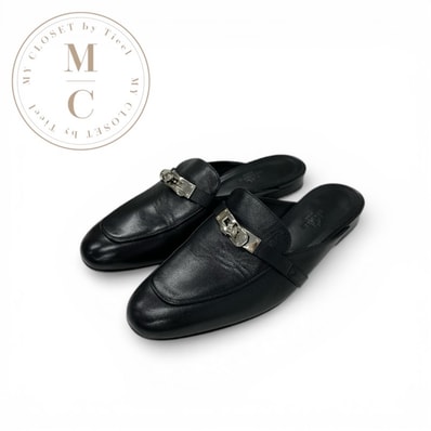 エルメス HERMES オズ フラットシューズ 靴 シューズ レザー ブラック シルバー スリッパサンダル ケリー金具 ミュール