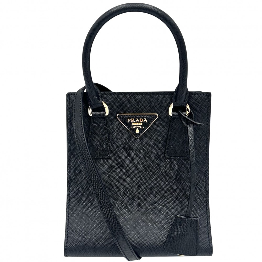 PRADA プラダ 2WAY トライアングルロゴ ミニトートバッグ ハンドバッグ ショルダーバッグ 肩掛け 斜め掛け 1BA358 レザー ブラック 黒 ゴールド金具 レディース【中古品】
