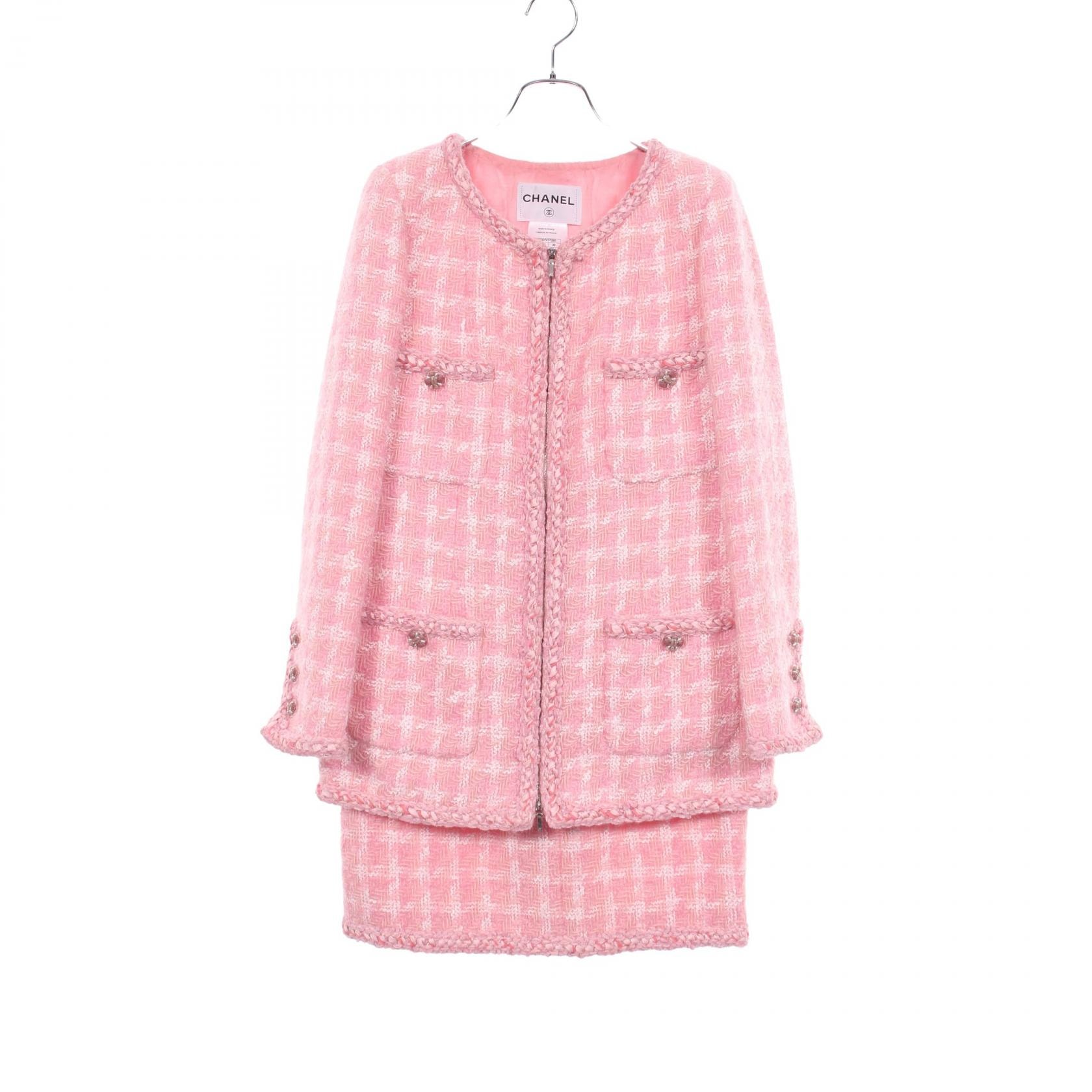 シャネル CHANEL ノーカラージャケット ツイード スーツ 衣料品 ウール モヘヤ / アクリル レディース ピンク系 / ホワイト系 P50301V37285 【中古】