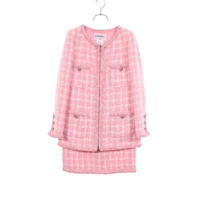 シャネル CHANEL ノーカラージャケット ツイード スーツ 衣料品 ウール モヘヤ / アクリル レディース ピンク系 / ホワイト系 P50301V37285 【中古】