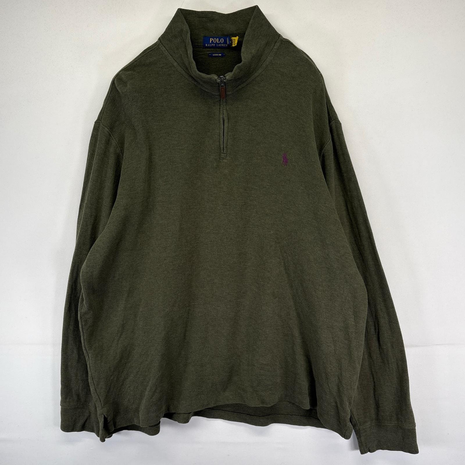 古着 ポロ・ラルフローレン POLO RALPH LAUREN スウェット ハーフジップ プルオーバー ワンポイント刺繍ロゴ 2XL  グリーン系 メンズ