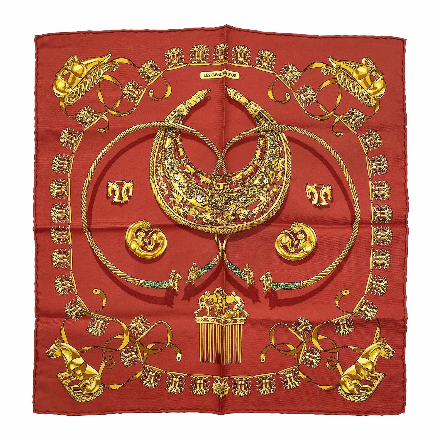 HERMES エルメス プチカレ 41 LES CAVALIERS D'OR 黄金の騎士 スカーフ
シルク レッド ユニセックス
【中古】