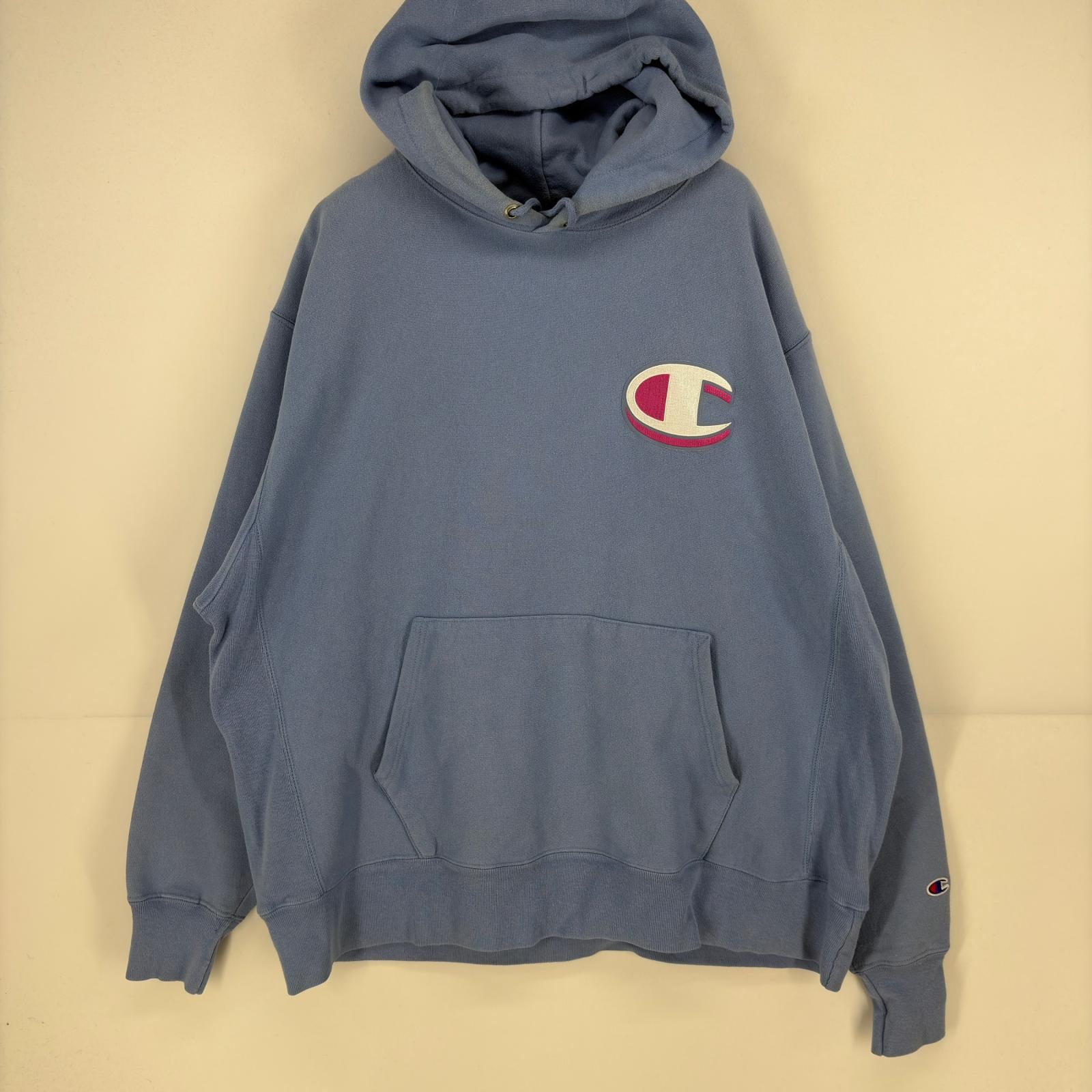 古着 チャンピオン Champion パーカー スウェット リバースウィーブ プルオーバー ロゴ ワッペン XL  ブルー メンズ