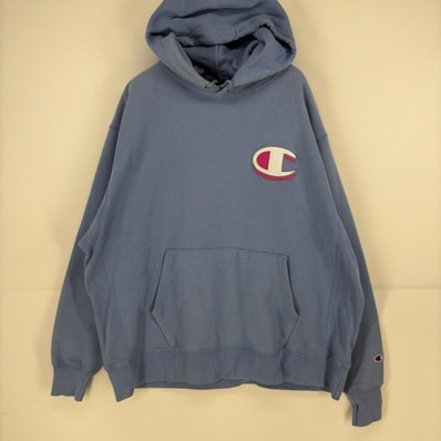 古着 チャンピオン Champion パーカー スウェット リバースウィーブ プルオーバー ロゴ ワッペン XL ブルー メンズ