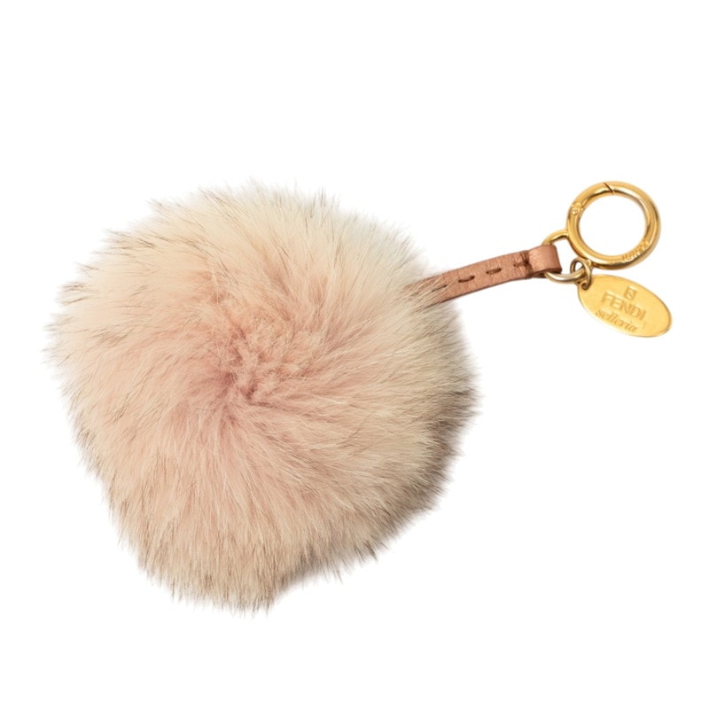 フェンディ ポンポンチャーム バッグチャーム キーホルダー ピンク ゴールド ファー レザー レディース FENDI 【中古】