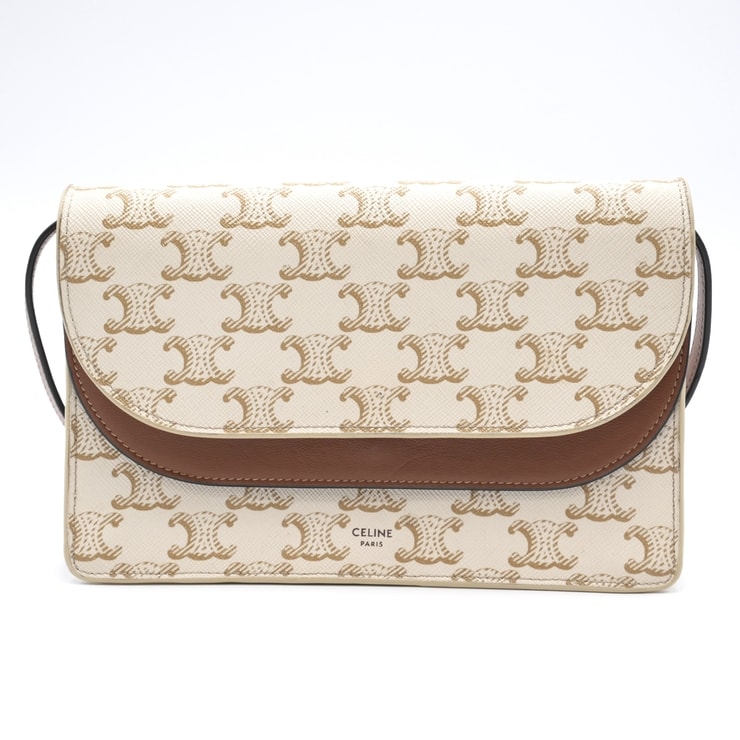CELINE(セリーヌ)トリオンフキャンバス ショルダーバッグ クロスボディ ホワイト系×ブラウン レザー ゴールド金具 レディース【中古】
