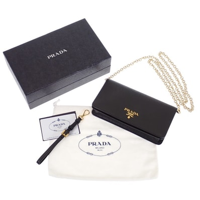 プラダ PRADA レザー 1DH029 ウォレットチェーン サフィアーノ ブラック ゴールド金具 レディース【中古】【Aランク】