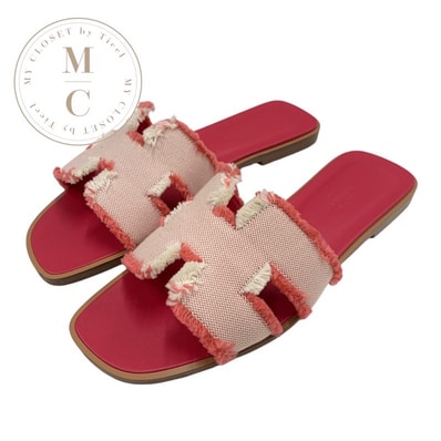 エルメス HERMES オラン サンダル 靴 シューズ ファブリック レザー ピンク フラットサンダル