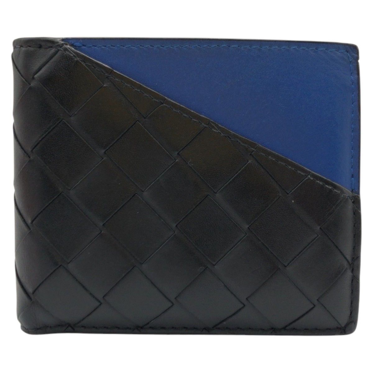 美品 BOTTEGAVENETA ボッテガヴェネタ イントレチャート ブラック ブルー レザー 二つ折り財布 折財布 コンパクトウォレット 502156 【中古】