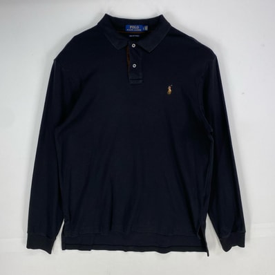 古着 ポロ・ラルフローレン POLO RALPH LAUREN 長袖シャツ ワンポイント刺繍 ロゴ ポロシャツ L ブラック系 メンズ