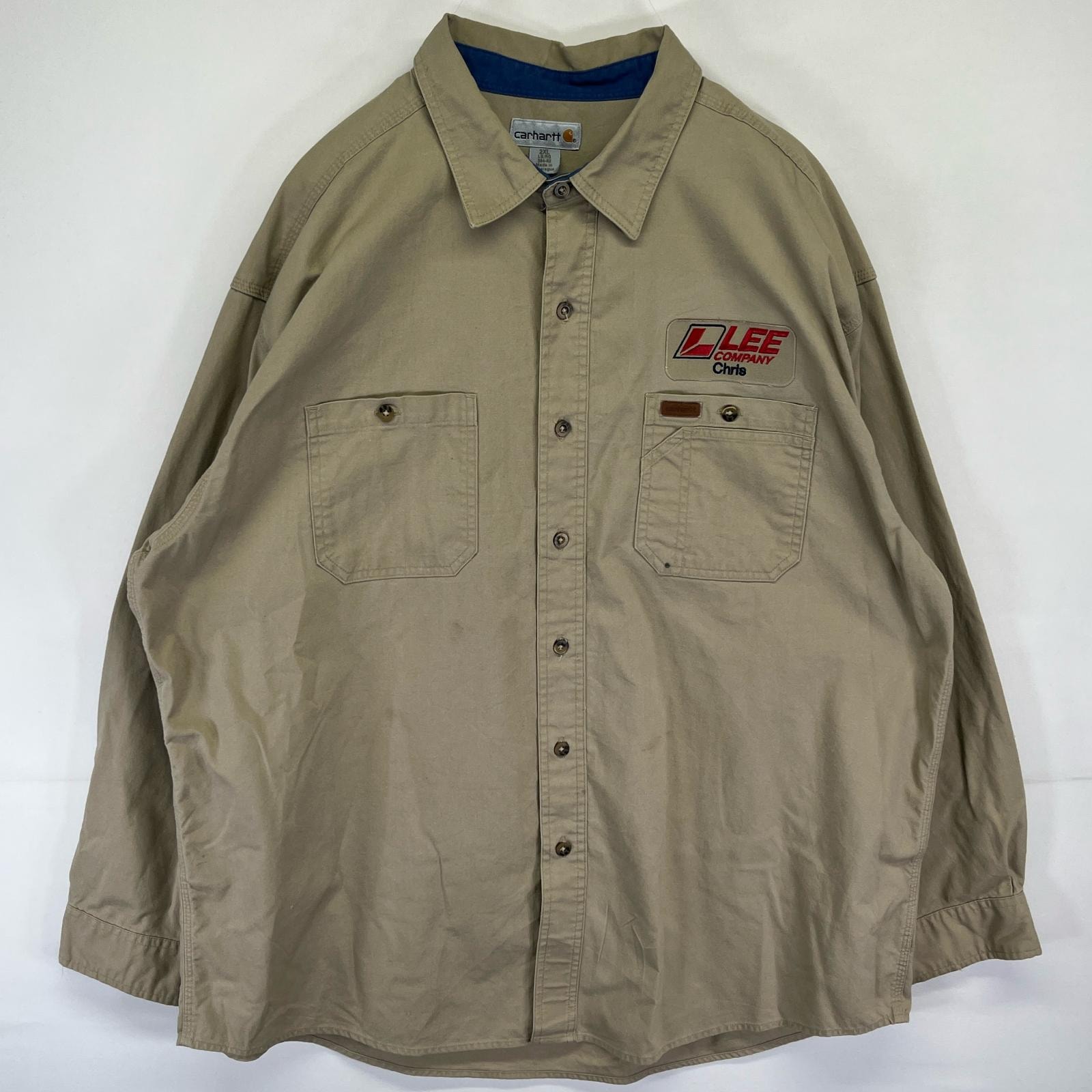 古着 カーハート Carhartt 長袖シャツ ワーク 企業 大きいサイズ 胸ポケット ワンポイント 2XL  ベージュ系 メンズ