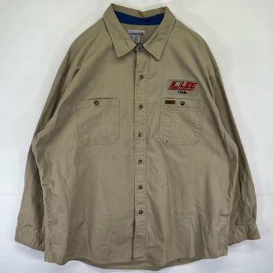 古着 カーハート Carhartt 長袖シャツ ワーク 企業 大きいサイズ 胸ポケット ワンポイント 2XL ベージュ系 メンズ