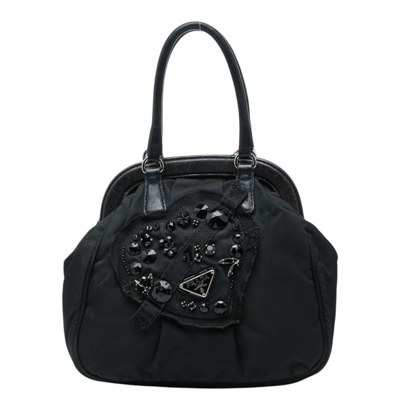 プラダ 三角ロゴプレート イブニングハート ハンドバッグ ブラック ナイロン レザー ビジュー レディース PRADA 【中古】