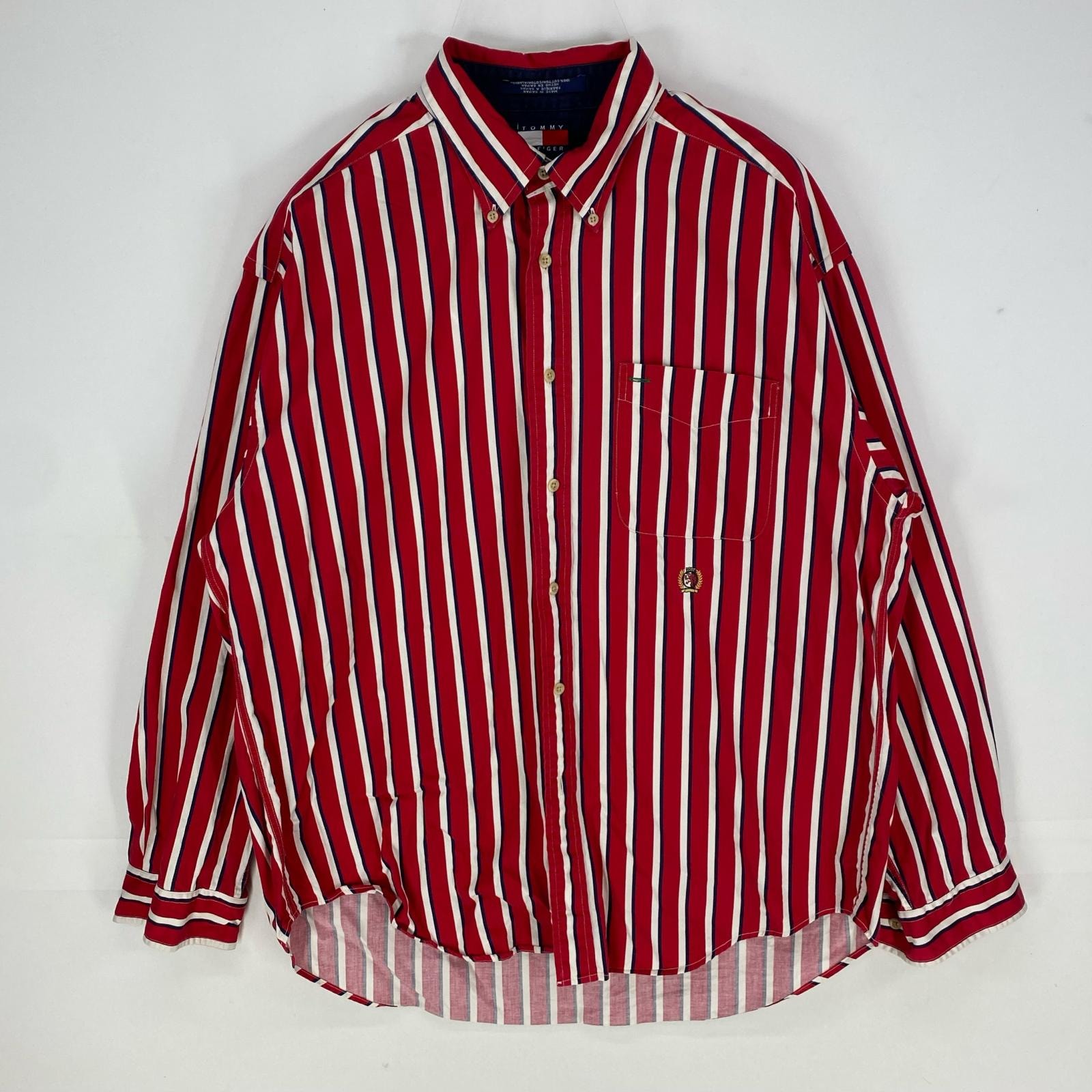 古着 90's/90年代 トミーヒルフィガー TOMMY HILFIGER 長袖シャツ ボタンダウン ワンポイント L  レッド系 ストライプ メンズ