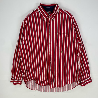古着 90's/90年代 トミーヒルフィガー TOMMY HILFIGER 長袖シャツ ボタンダウン ワンポイント L レッド系 ストライプ メンズ
