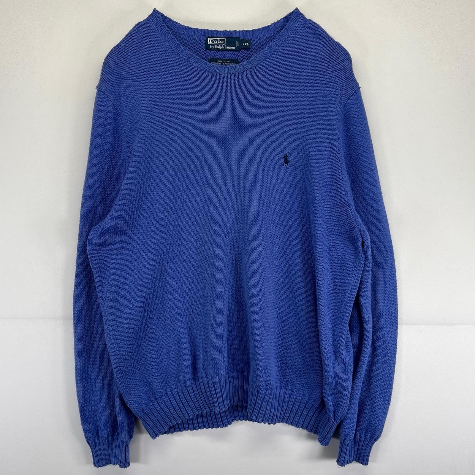 古着 ポロバイラルフローレン Polo by Ralph Lauren ニット 大きいサイズ コットンニット クルーネック ワンポイントロゴ 2XL  ブルー系 メンズ
