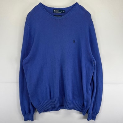 古着 ポロバイラルフローレン Polo by Ralph Lauren ニット 大きいサイズ コットンニット クルーネック ワンポイントロゴ 2XL ブルー系 メンズ