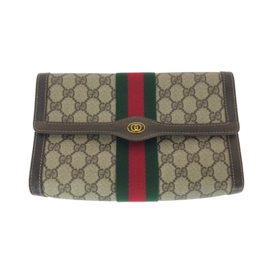 美品 GUCCI グッチ ヴィンテージ シェリーライン オールドグッチ ベージュ ブラウン GGスプリームキャンバス レザー/ クラッチバッグ セカンドバッグ 600668 【中古】