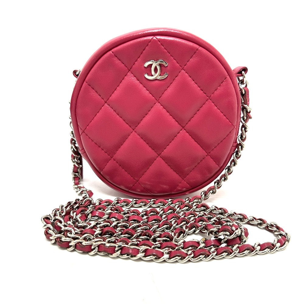 シャネル CHANEL ココマーク ラウンド チェーン カバン 肩掛け 斜め掛け ショルダーバッグ ラムスキン ピンク