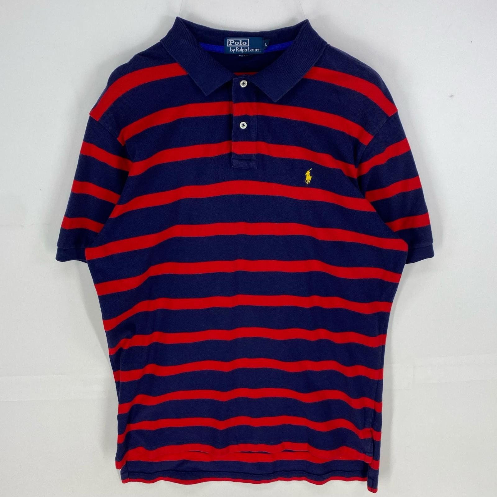 古着 ポロバイラルフローレン Polo by Ralph Lauren 鹿の子 半袖シャツ ワンポイント刺繍 ポロシャツ L  レッド系 ボーダー メンズ
