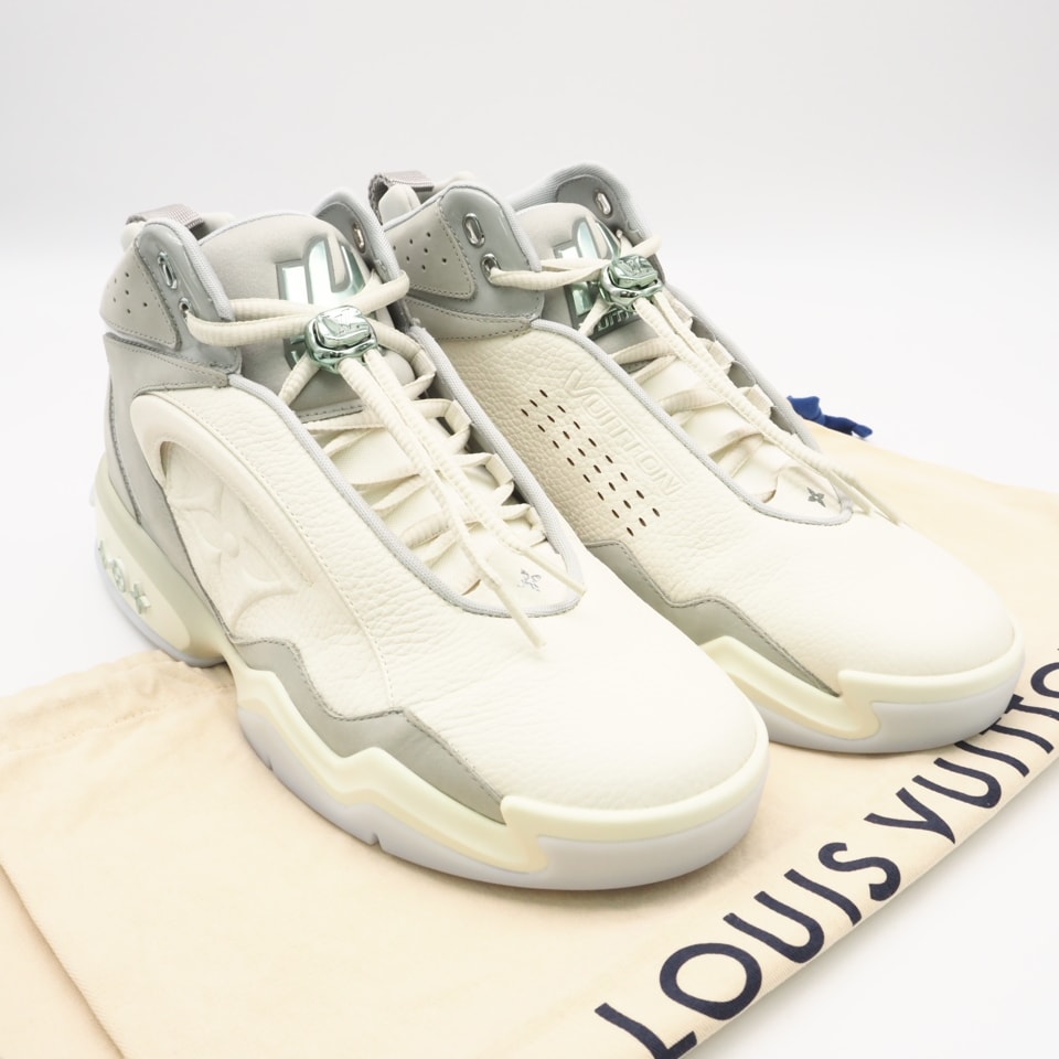 極美品 LOUIS VUITTON ルイ・ヴィトン グレインカーフ LVトレーナー2 ライン スニーカー 8.5 27 1ABZ24/GO0263 スニーカー アイボリー グレー ブルー グレインカーフレザー メンズ