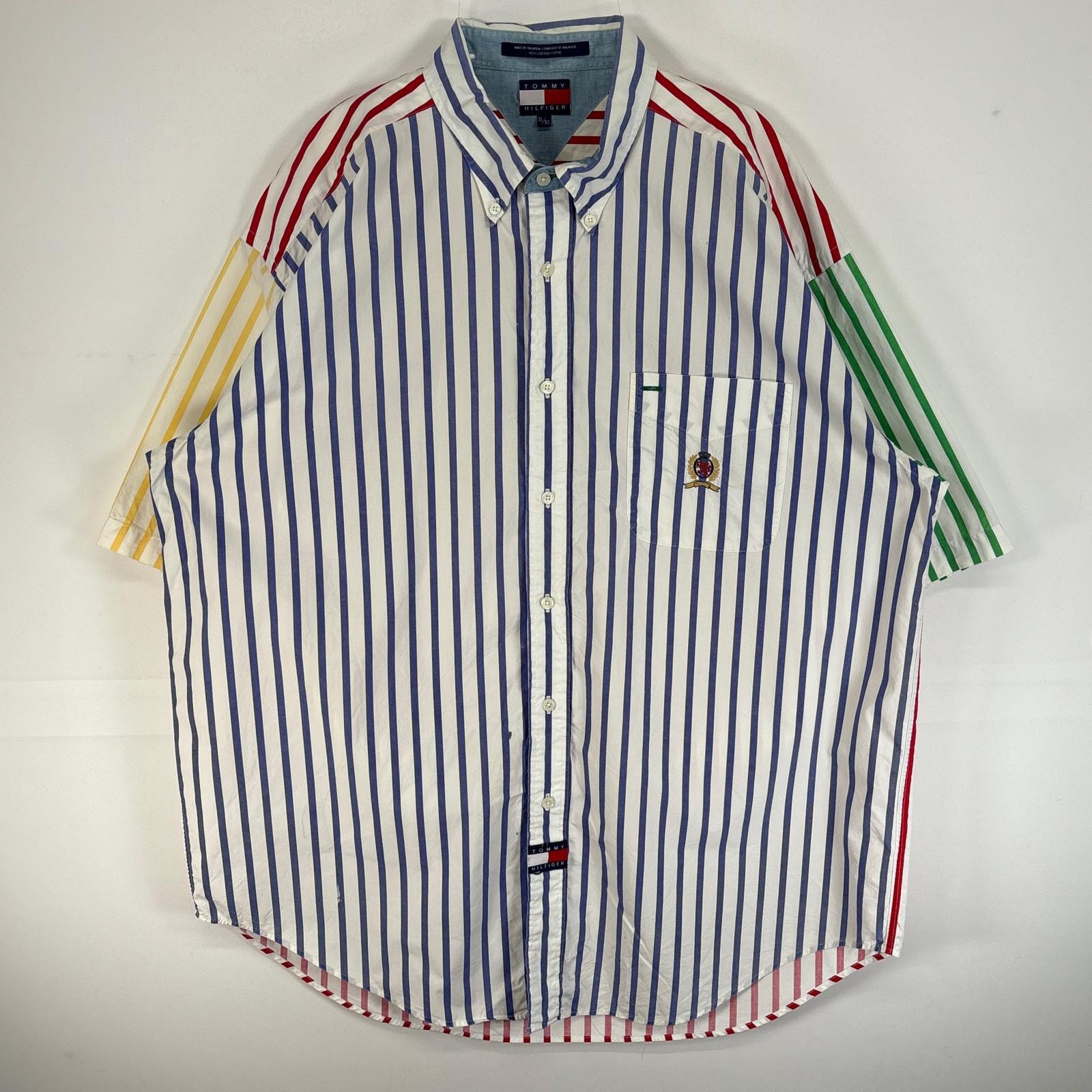 古着 90's/90年代 トミーヒルフィガー TOMMY HILFIGER 半袖シャツ 旧ロゴ 刺繍 大きいサイズ 胸ポケ XL マルチカラー ストライプ メンズ