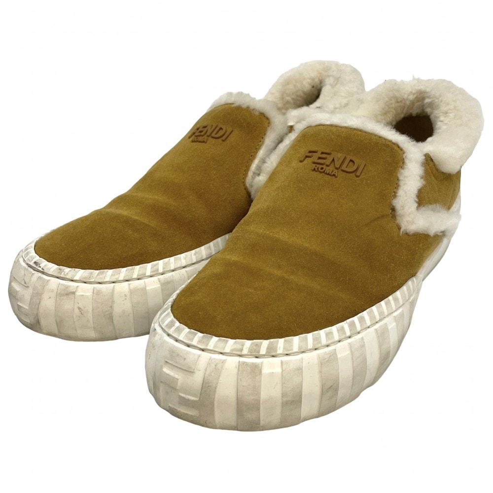 FENDI フェンディ スリッポン スニーカー ロゴ 靴 8サイズ 27cm スウェード  ラバー  ファー  ベージュ ホワイト 白 メンズ【中古品】
