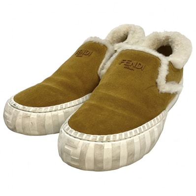 FENDI フェンディ スリッポン スニーカー ロゴ 靴 8サイズ 27cm スウェード ラバー ファー ベージュ ホワイト 白 メンズ【中古品】