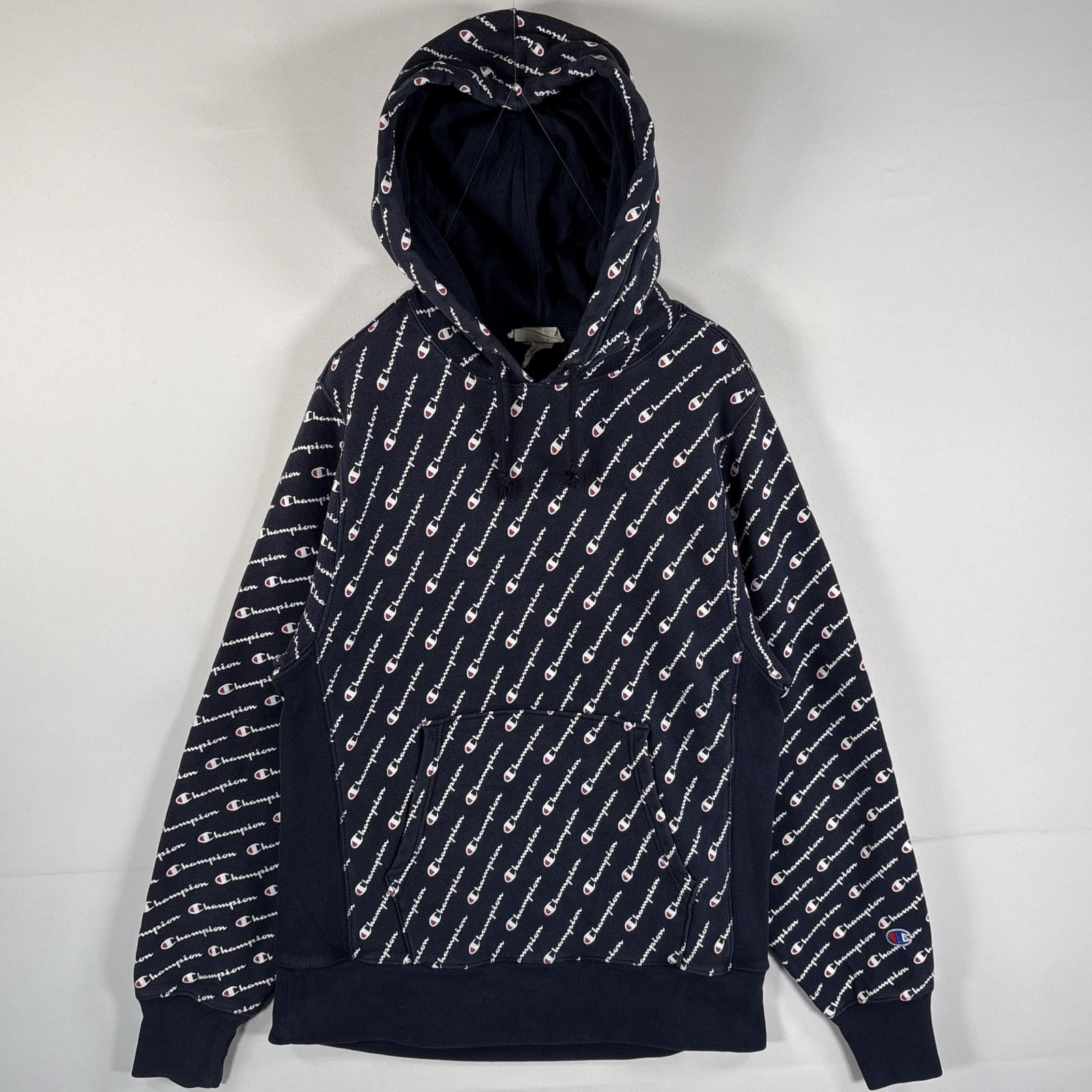 古着 チャンピオン Champion パーカー リバースウィーブ 復刻 マフポケット Cマーク MEDIUM(JPN XL)  ネイビー 総柄 メンズ