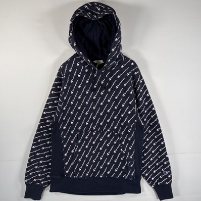 古着 チャンピオン Champion パーカー リバースウィーブ 復刻 マフポケット Cマーク MEDIUM(JPN XL) ネイビー 総柄 メンズ