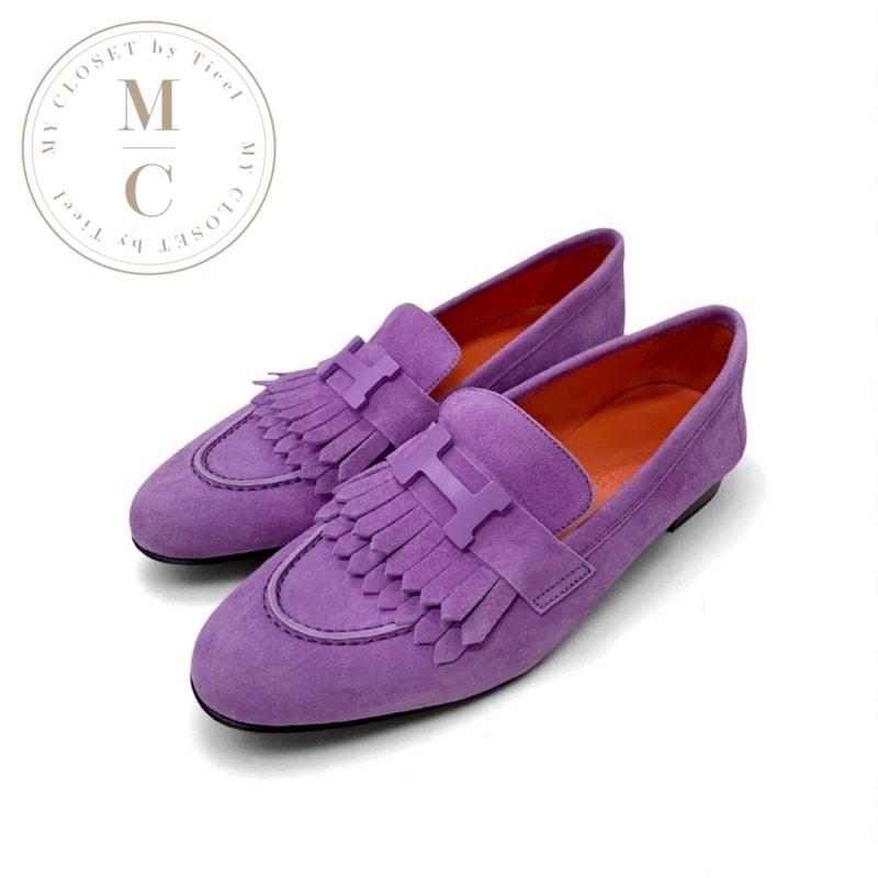 エルメス HERMES ロワイヤル ローファー 革靴 靴 シューズ スエード パープル モカシン フラットシューズ H金具 フリンジ