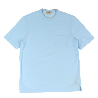 未使用品 エルメス Hロゴ刺繍ポケット 半袖Tシャツ ライトブルー メンズ XL