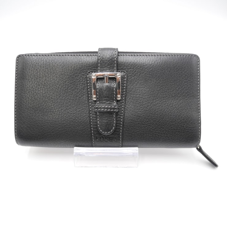 LOEWE(ロエベ)ベルトデザイン ラウンドファスナー 長財布 ブラック レザー シルバー金具 レディース メンズ【中古】