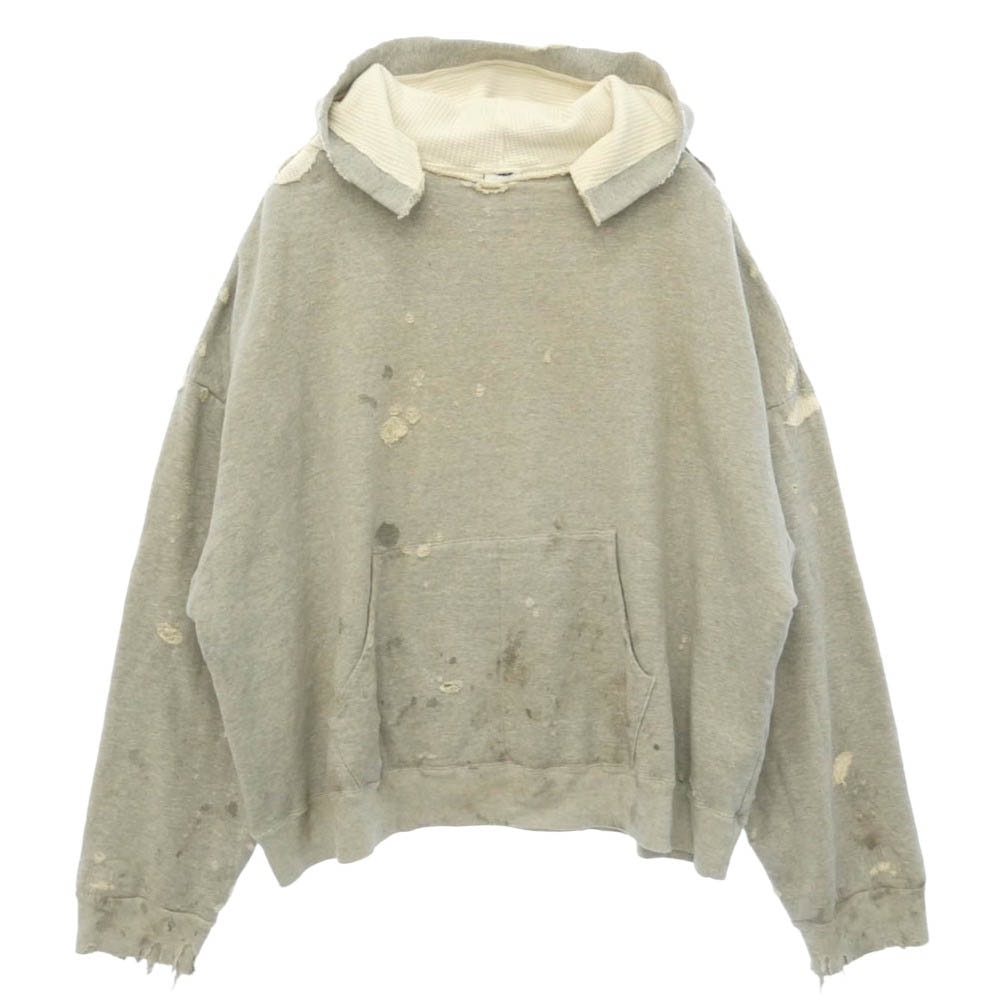 READY MADE レディメイド RE-CO-GY-00-00-284 DOUBLE FACE HOODIE ダブルフェイス 裏地サーマル ダメージ加工 フーディー パーカー グレー系 L【中古】