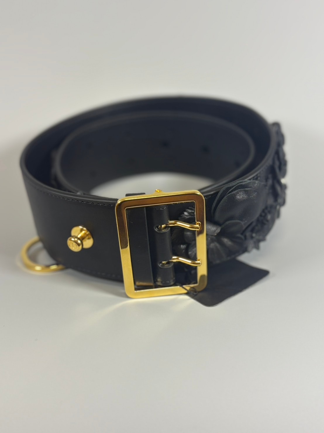 Christian Dior フラワーモチーフ ダブルバックル レザーベルト ブラック #75