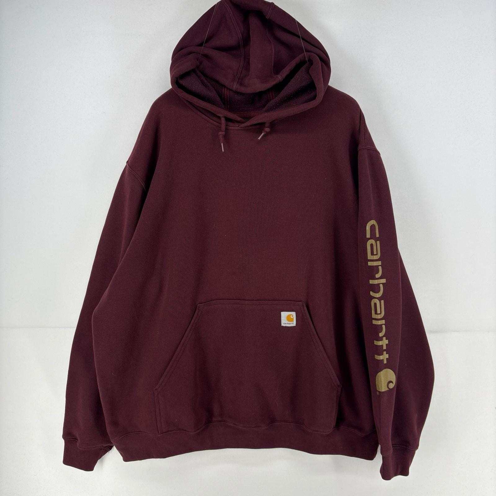 古着 カーハート Carhartt パーカー ワンポイント 厚手 大きいサイズ 袖ロゴ プリント スウェット 2XL  レッド系 無地 メンズ