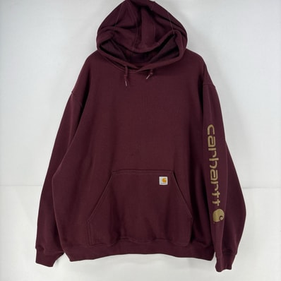 古着 カーハート Carhartt パーカー ワンポイント 厚手 大きいサイズ 袖ロゴ プリント スウェット 2XL レッド系 無地 メンズ