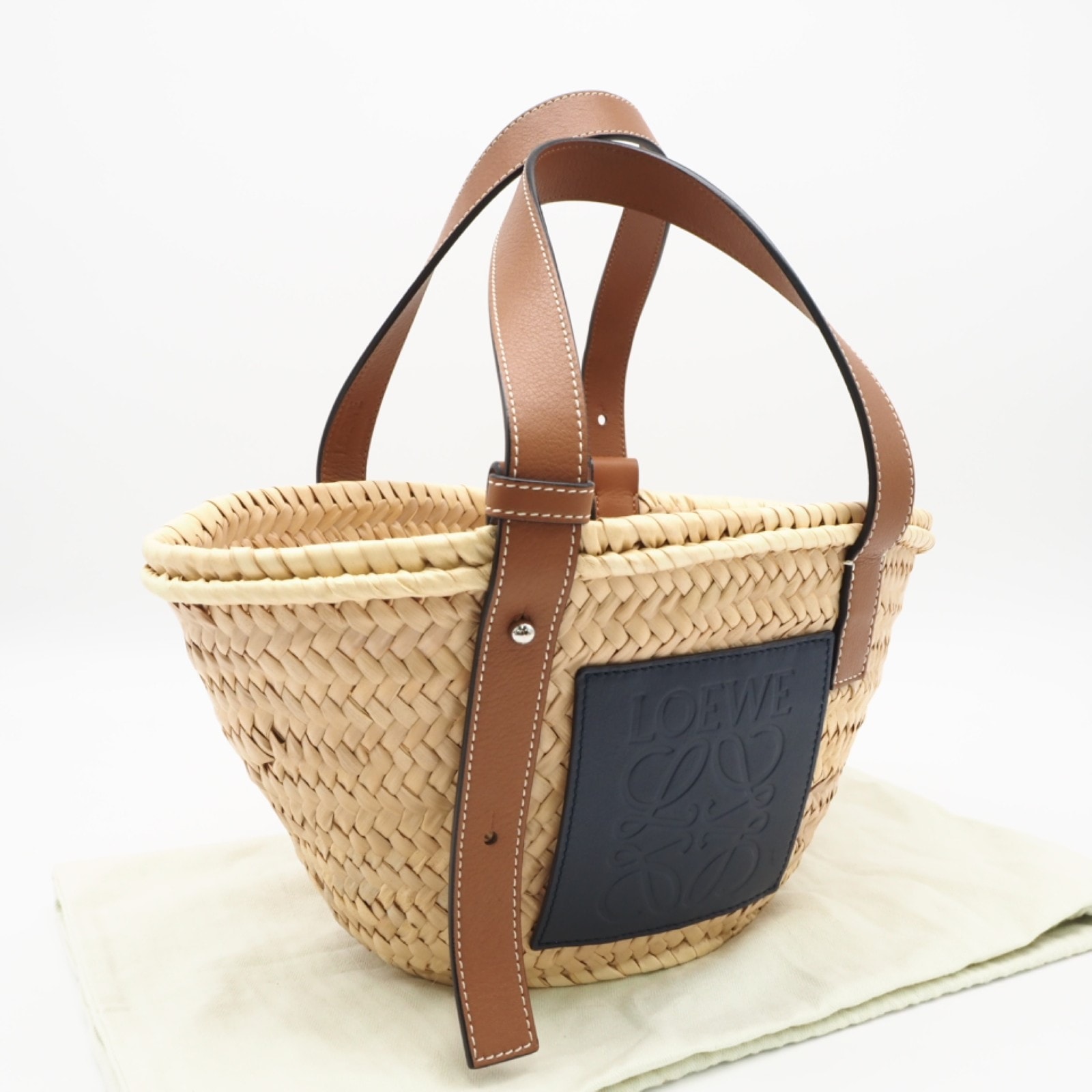 美品 LOEWE ロエベ ヤシの葉&カーフ バスケットバッグ スモール 327.02NS93 ハンドバッグ ベージュ ネイビー ブラウン カーフレザー ラフィア レディース