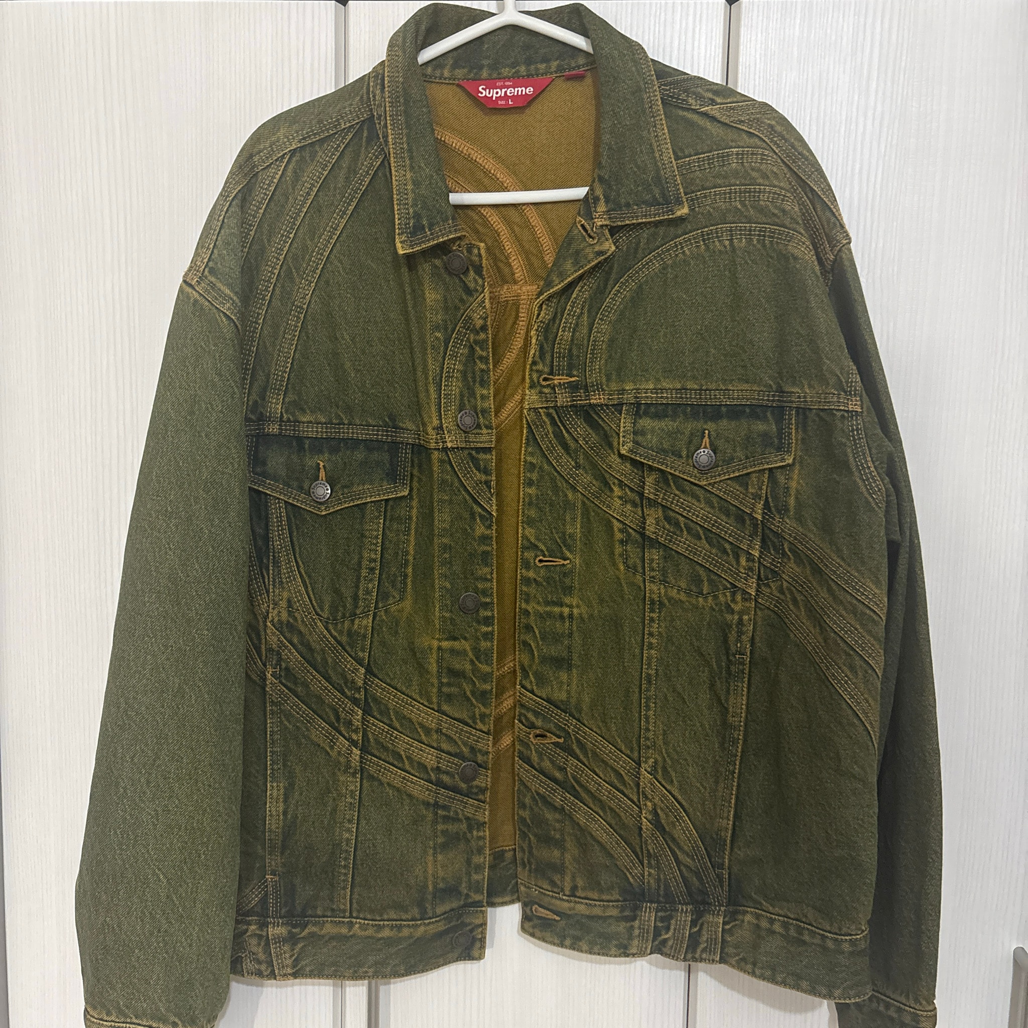 Supreme S Logo Denim Trucker Jacket "Dirty Green"