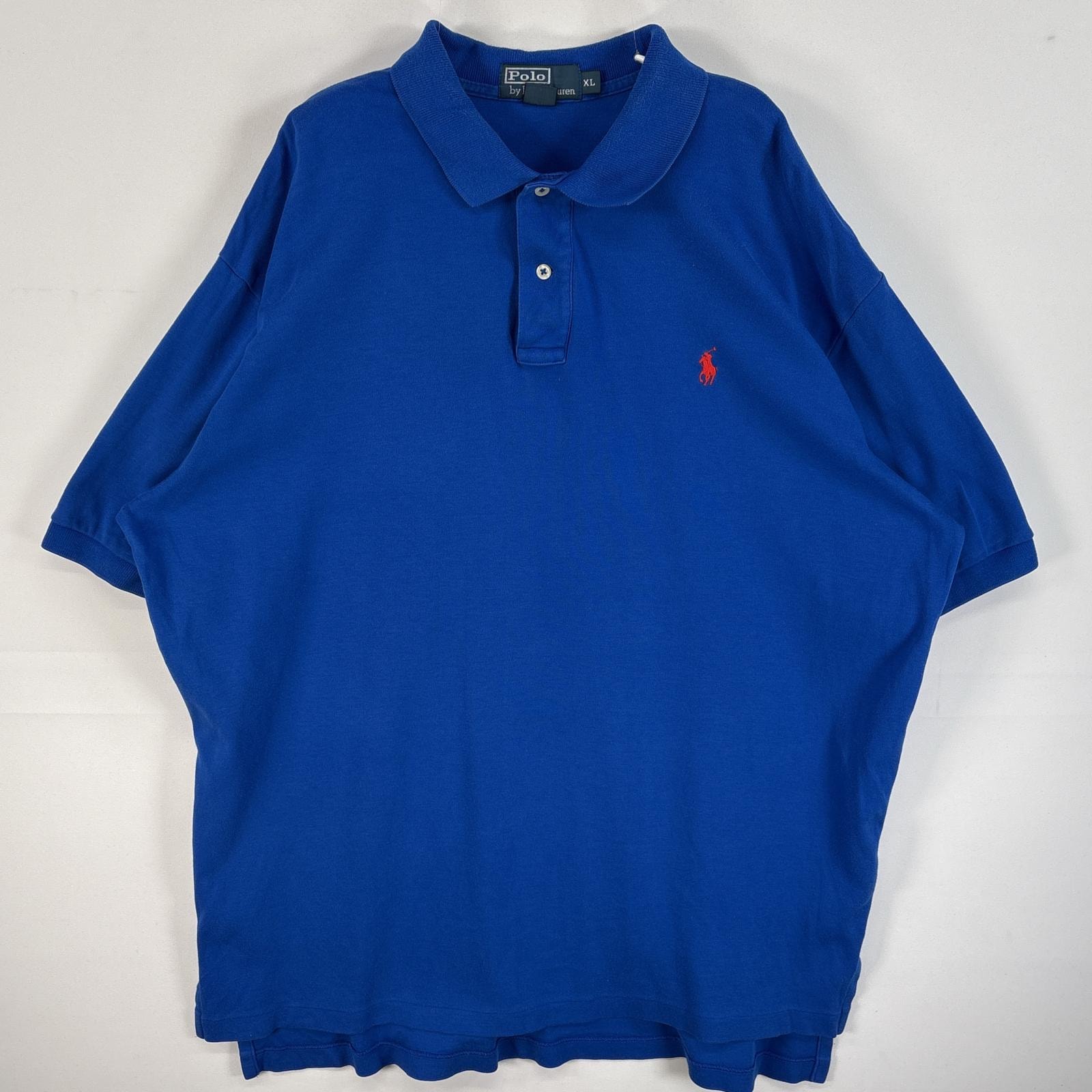 古着 90's/90年代 ポロバイラルフローレン Polo by Ralph Lauren 半袖 ポロシャツ ロゴ 刺繍 大きいサイズ 2ボタン XL  ブルー 無地 メンズ