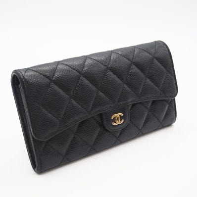 CHANEL シャネル マトラッセ クラシックロング フラップ ウォレット AP0241 長財布 ブラック キャビアスキン レディース