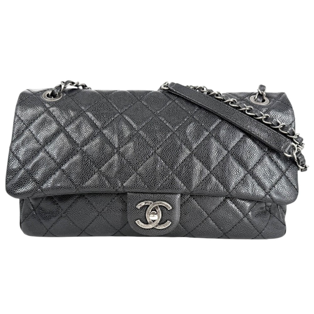 CHANEL シャネル ショルダーバッグ ダブルチェーン ココマーク 肩掛け 斜め掛け キャビアスキン ブラック 黒 アンティークシルバー金具 レディース【中古品】